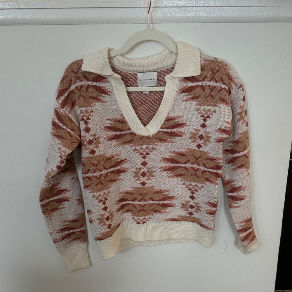 Pink Rose Cream and Brown V-Neck Sweater